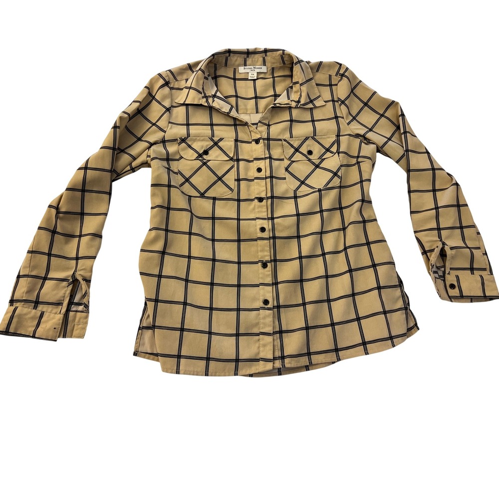 Studio Works Petite Medium Tan Black Windowpane Check Roll Tab ButtonDown Blouse